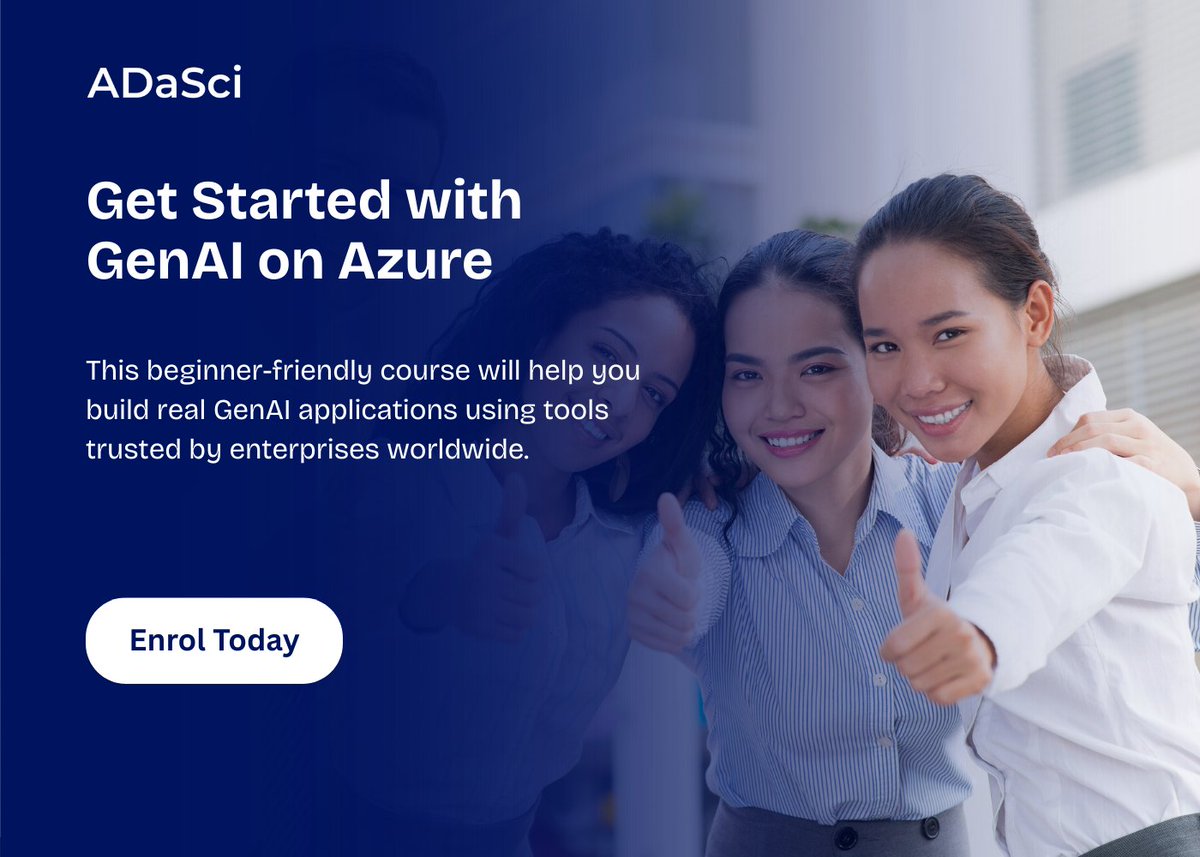Build GenAI apps on Azure—fast, hands-on, and beginner-friendly.

Learn Azure AI Studio, OpenAI models &amp; more in just 3 hours.🎓 Course by ADaSci

👉 adasci.org/courses/genera…

#GenAI #AzureAI #AIApps #OpenAI #AITraining #NoCode #ADaSci #BuildWithAI4o