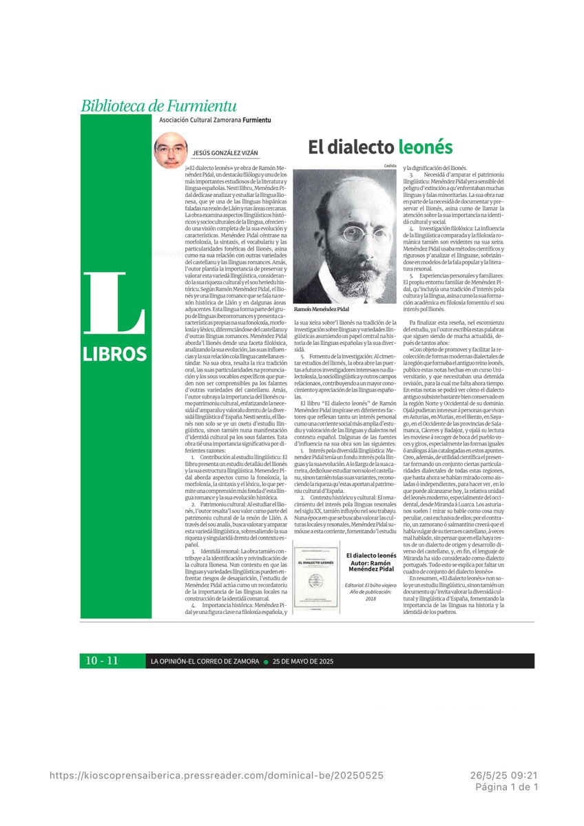 Biblioteca de Furmientu. El #dialecto #leonés de Ramón Menéndez Pidal. Reseña de Jesús González Vizán. Publicado ayer en la <a href="/opiniondezamora/">LA OPINIÓN DE ZAMORA</a>.