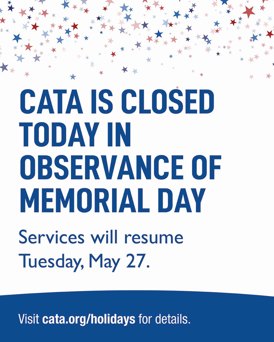 Today, we remember and honor those who gave their lives in service to our country.

In observance of #MemorialDay, all CATA services are closed. Service will resume Tuesday, May 27.

Learn more: cata.org/holidays

#rideCATA #PublicTransit