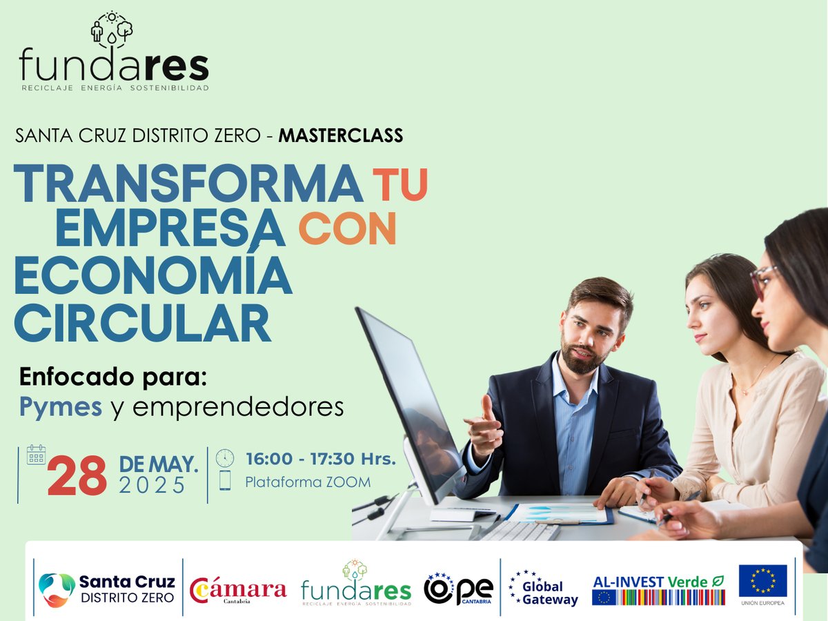 Cámara de Comercio de Cantabria (@camaracantabria) on Twitter photo 🌿 Masterclass online "Transforma tu empresa con economía circular", con el apoyo de la UE a través de <a href="/ALINVESTVerde/">AL-INVEST Verde</a> y proyecto Santa Cruz Distrito Zero
🗓️28 mayo
🕓16:00-17:30h
📝bit.ly/4duWZCa
📣Podemos ayudarte con asesoramiento y ayudas con #ProgramaPymeSostenible 🌿 Masterclass online "Transforma tu empresa con economía circular", con el apoyo de la UE a través de <a href="/ALINVESTVerde/">AL-INVEST Verde</a> y proyecto Santa Cruz Distrito Zero
🗓️28 mayo
🕓16:00-17:30h
📝bit.ly/4duWZCa
📣Podemos ayudarte con asesoramiento y ayudas con #ProgramaPymeSostenible
