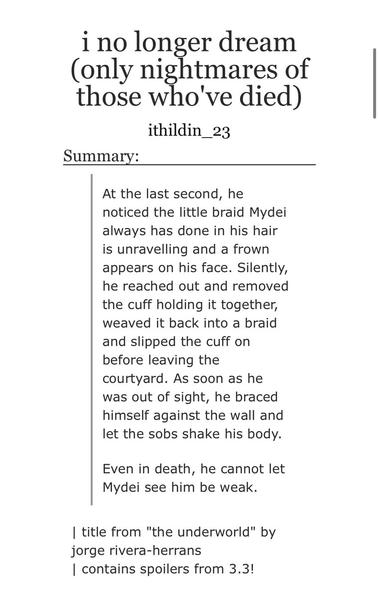 *NEW FIC*
i no longer dream (only nightmares of those who’ve died)
| hsr - #phaidei
| mcd, 3.3 spoilers, hurt no comfort
| 1,366 words
archiveofourown.org/works/65909851