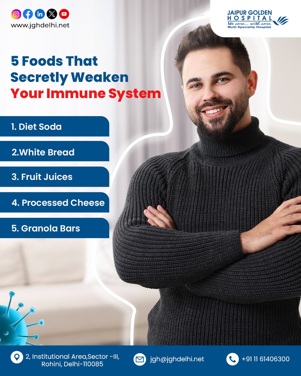 Think Twice Before You Bite!
These everyday foods may seem harmless, but they can secretly weaken your immune system.

5 Foods to Watch Out For:
1️⃣ Diet Soda
2️⃣ White Bread
3️⃣ Fruit Juices
4️⃣ Processed Cheese
5️⃣ Granola Bars

#ImmuneHealth #HealthyLiving #NutritionTips