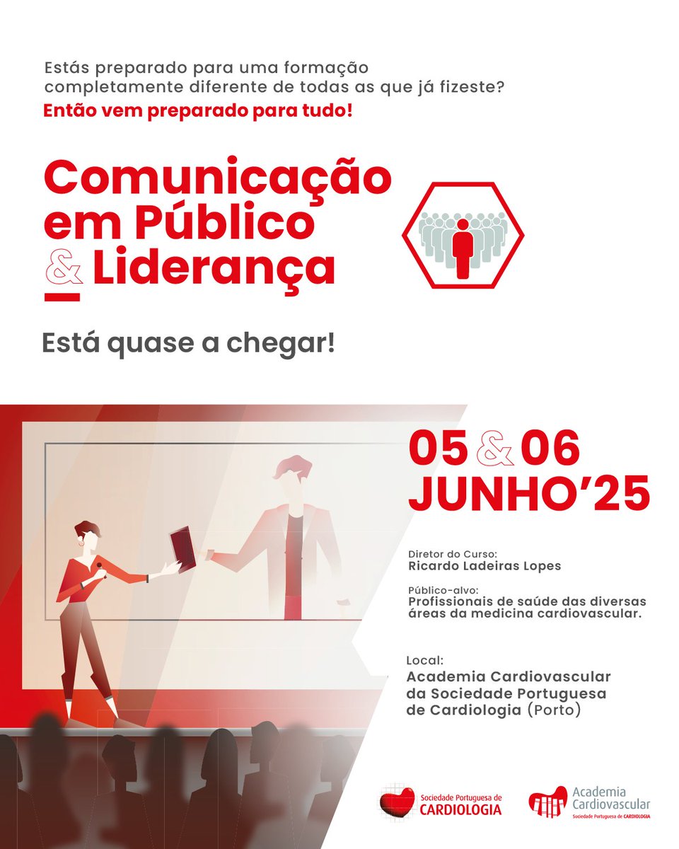 Quer reforçar a sua capacidade de comunicar com impacto e liderar com confiança?

A Academia Cardiovascular da SPC promove uma formação intensiva em Comunicação emPúblico e Liderança, com certificaçãoDGERT, em parceria com a Speak&amp;Lead.

🗓 5 e 6 de junho | Porto
🎯 Profissionais