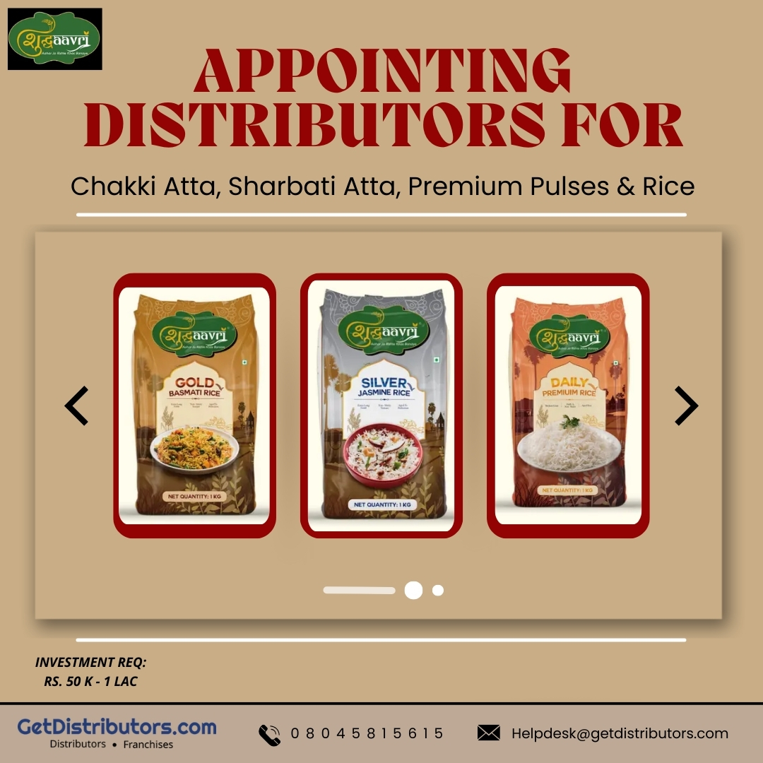 getdistributors's tweet image. Appointing Distributors for Chakki Atta, Sharbati Atta, Premium Pulses &amp;amp; Rice
Brands #Shudhaavri
Details 👉  getdistributors.com/tiny/XQScfYACRC
★Investment Needed : Rs.- 50 k  - 1Lac
✓Hurry to Avail #Distributorship !
Share your contact details.
#Chakkiatta #Sharbatiatta #Pulses #Dealer