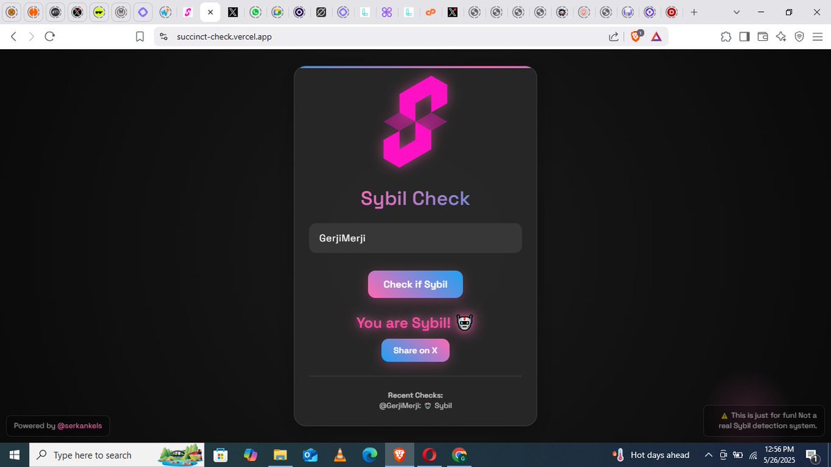GerjiMerji's tweet photo. Just checked my Sybil status:
You are Sybil! 🤖
TF is This?
Check yours at https://t.co/LuskoBT59c
@SuccinctLabs #SybilCheck https://t.co/4yUeqNxzjA