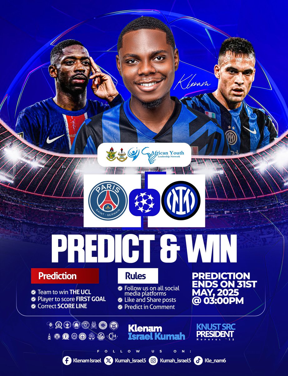 kumah_israel5's tweet photo. UCL FINALS GIVEAWAY WITH KLENAM

🔥 PSG vs Inter Milano 🔥
Predict which team will score first,  correct score line and which team will win the match! 🥳

How to Join:
1️⃣ Comment your prediction: 
2️⃣ Tag a friend 👥
3️⃣ Follow us https://t.co/h2l0CEBVWv Repost 🔁

#UCLFinals #PSGvsInter #ChampionsClash #ChampionsLeague