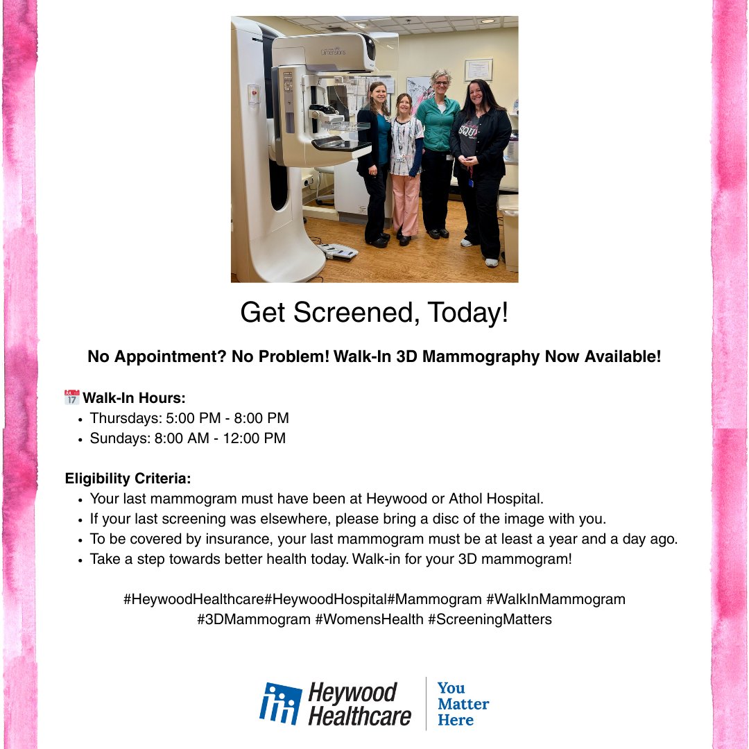 Walk-In 3D Mammography at Heywood Hospital! 📅 Thurs 5-8 PM, Sun 8 AM-12 PM. #HeywoodHealthcare #HeywoodHospital #Mammogram #WalkInMammogram #3DMammogram #WomensHealth #ScreeningMatters heywood.org/services/imagi…