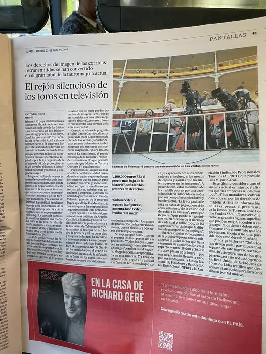 Antonio Lorca en El País, 23-5-´25 
Los Toros en Televisión.