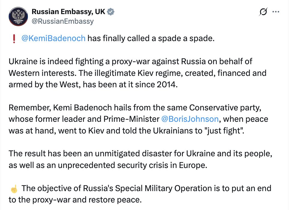 Russian embassy now running Kemi Badenoch's comments across social media