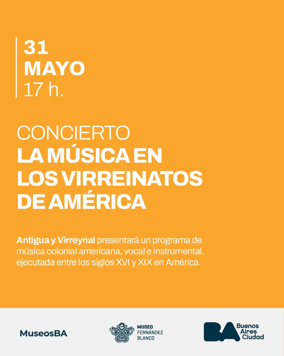 Sábado 31 de Mayo - 17 h
CONCIERTO: "La Música en los Virreinatos de América"
a cargo de Antigua y Virreynal
Temporada Musical MIFB
Sede Palacio Noel (Suipacha 1422, Barrio Retiro)
Museo de Arte Hispanoamericano Isaac Fernández Blanco
