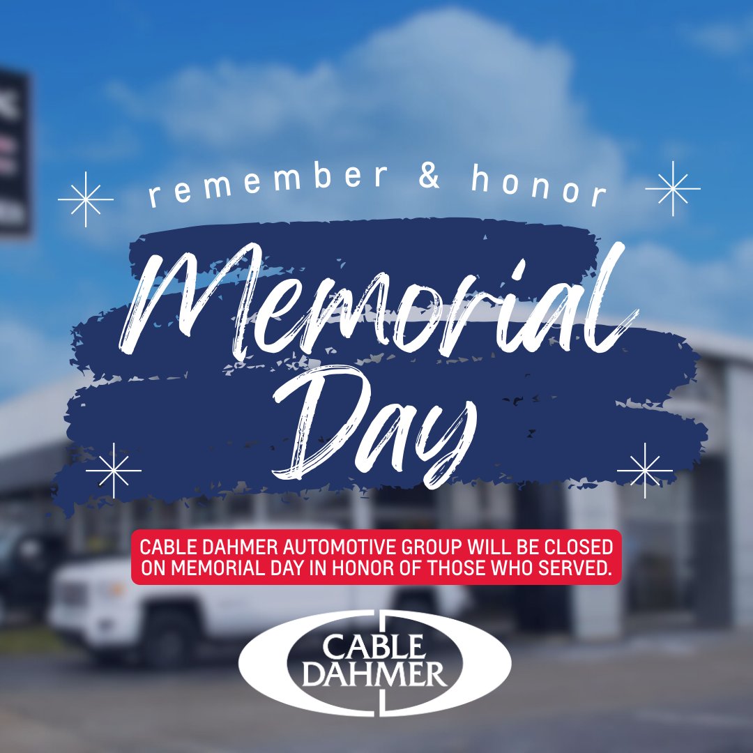 This Memorial Day, we remember and honor the brave men and women who made the ultimate sacrifice for our freedom. In observance of the holiday, all Cable Dahmer locations will be closed Monday, May 26. 🇺🇸
#MemorialDay #CableDahmer #Buick #GMC