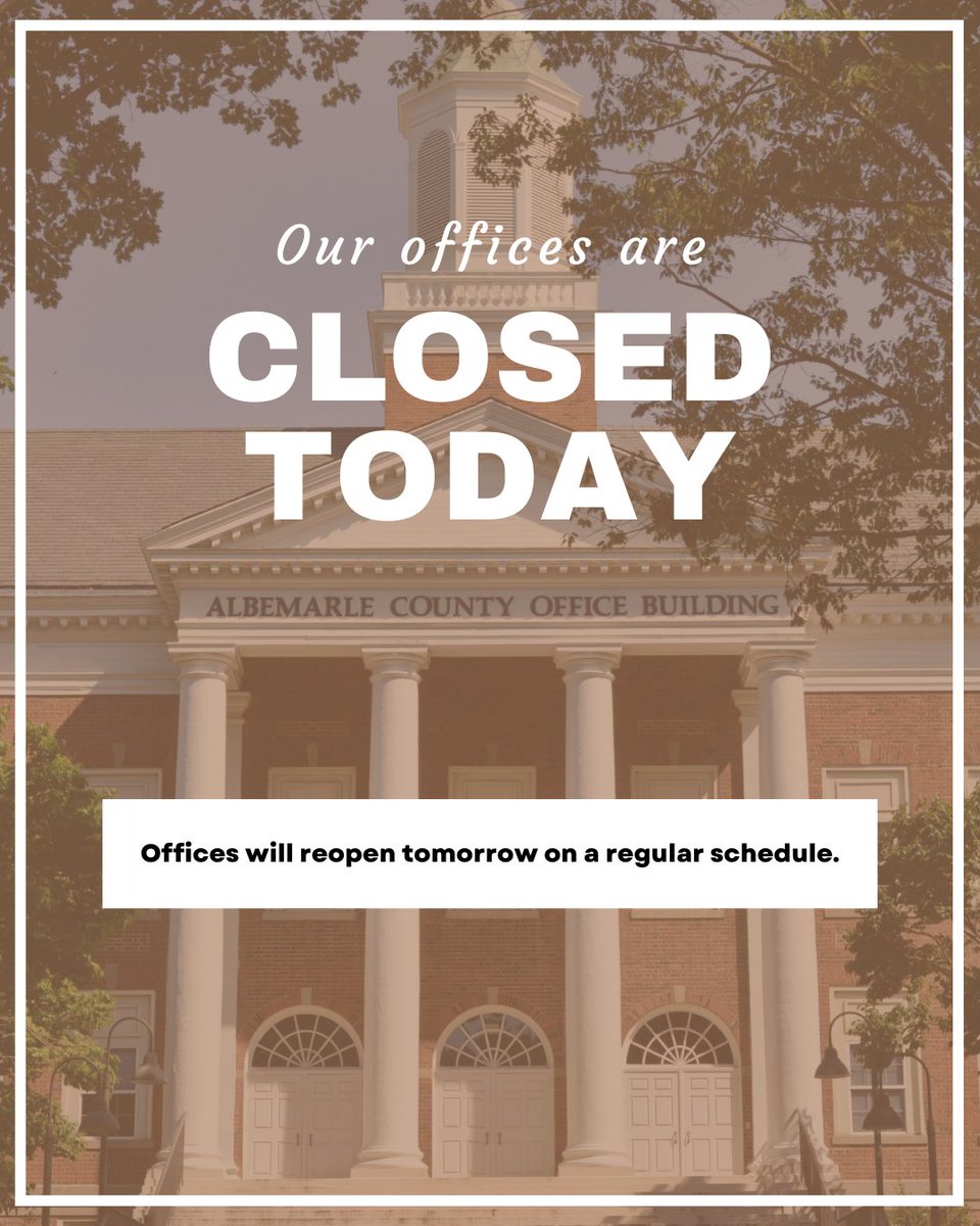 Albemarle County offices will be closed, Monday, May 26 in observation of the Memorial Day holiday. Offices will reopen Tuesday, May 27, 2025 on a regular schedule. Public safety will operate as usual.