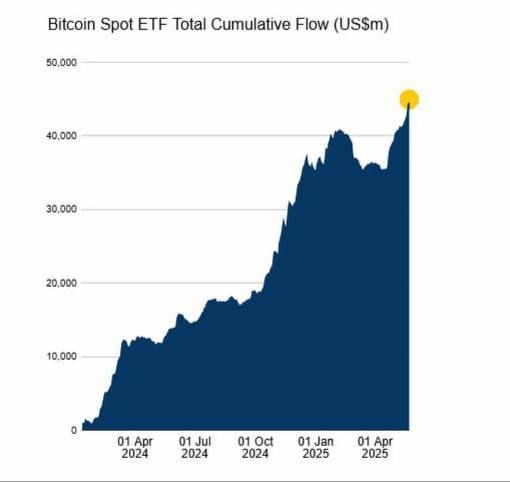 تستمر التدفقات الداخلة إلى صناديق بيتكوين المتداولة في البورصة (ETFs) الفورية. ويواصل إجمالي التدفقات الداخلة تحطيم الأرقام القياسية.

*تُعدّ التدفقات الداخلة إلى صناديق بيتكوين المتداولة في البورصة الفورية أحد أهم العوامل الدافعة للارتفاع في السوق.