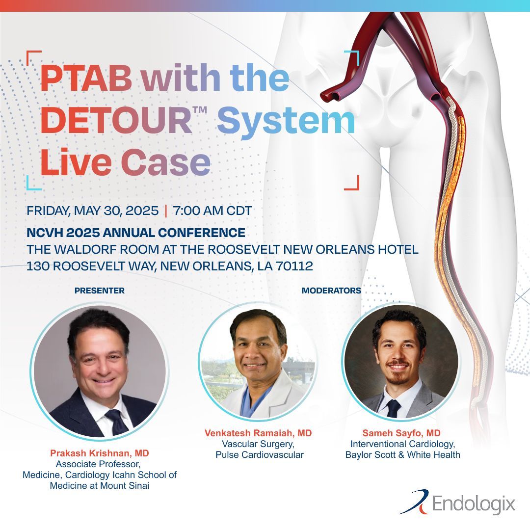 Explore the future of PAD treatment at #NCVH2025!

Don’t miss this featured session on Friday, May 30 at 7:00 AM, showcasing a live PTAB case using the DETOUR System, presented by Prakash Krishnan, MD and moderated by Venkatesh Ramaiah, MD and Sameh Sayfo, MD

Discover how this