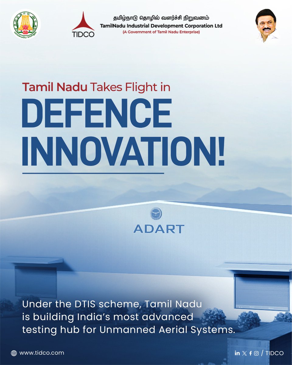 TIDCO_1965's tweet photo. Under the Defence Testing Infrastructure Scheme (#DTIS) by the Ministry of Defence, TIDCO is driving India’s UAV testing capabilities forward with ADART – the Unmanned Aerial Systems (#UAS) Testing Facility in #Kancheepuram.

#ADART #UAS #DTIS #TIDCO #BuildTN #VentureCatalyst https://t.co/n8g0gT7CFk