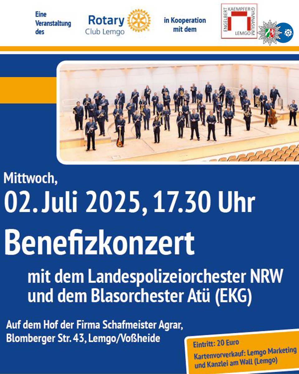 🎶 Benefizkonzert für Opferhilfe und Kinderschutz am 2. Juli 2025 in Lemgo 🎶
Der Rotary Club Lemgo veranstaltet ein Konzert mit dem Landespolizeiorchester NRW &amp; dem Blasorchester des Engelbert-Kämpfer-Gymnasiums unter der Schirmherrschaft von Dr. Axel Lehmann 🎷🎺 #polizeilippe