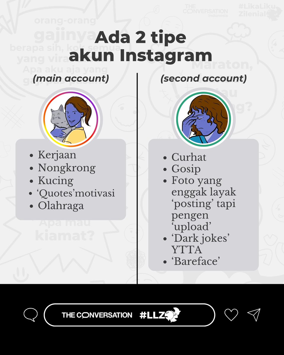 Bener apa bener? 👀

Menurut Jurnal Ilmiah Komunikasi tahun 2023,  sebagian besar pengguna Instagram punya second account karena pengin bebas dan ekspresif 🕊️

#LikaLikuZilenial