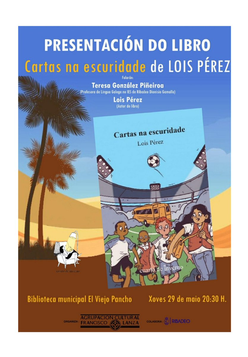 Este xoves, <a href="/Loisperezdiaz/">Lois Pérez</a> estará coa profesora Teresa González Piñeiroa na Biblioteca Pública Municipal de Ribadeo para falar de #CartasNaEscuridade, Premio María Victoria Moreno de Literatura Xuvenil e Premio Follas Novas á mellor obra Xuvenil do ano. O acto será ás 20:30h.