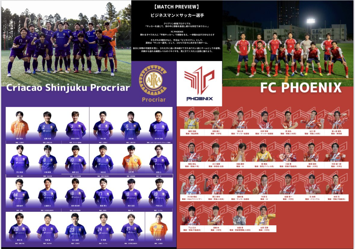 CriacaoProcriar's tweet photo. 【マッチプレビュー📝】  
ビジネスマン×サッカー選手を体現するプロクリアルとFC PHOENIX。
両チームの選手一覧等、魅力的な情報が詰まっているので試合をより一層楽しめること間違いなし ！

会場でお待ちしています！

#クリアソン新宿プロクリアル  
#CriacaoShinjukuProcriar  
#社会人サッカー https://t.co/TbZBDIW6rN