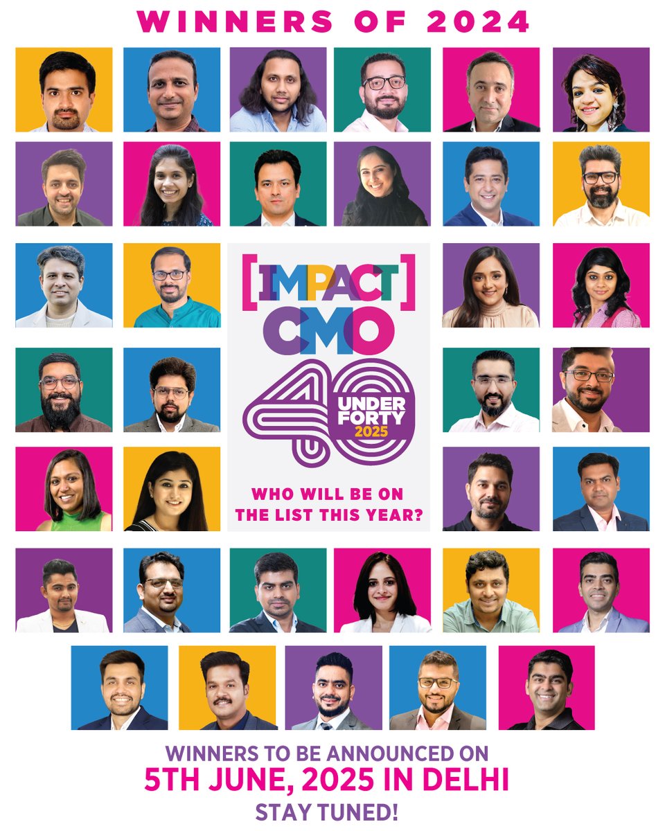 IMPACT_onnet's tweet photo. Who will make it to the coveted IMPACT CMO 40 Under 40 this year? Find out on 5th June, 2025!!

 @anuragbatrayo @nawalahuja @neetanairhere 

#IMPACT40Under40 #CMO40Under40 #Marketing #Brands #40Under40 #MarketingLeaders #Leaders #IMPACTMagazine https://t.co/iUcG6X39eZ