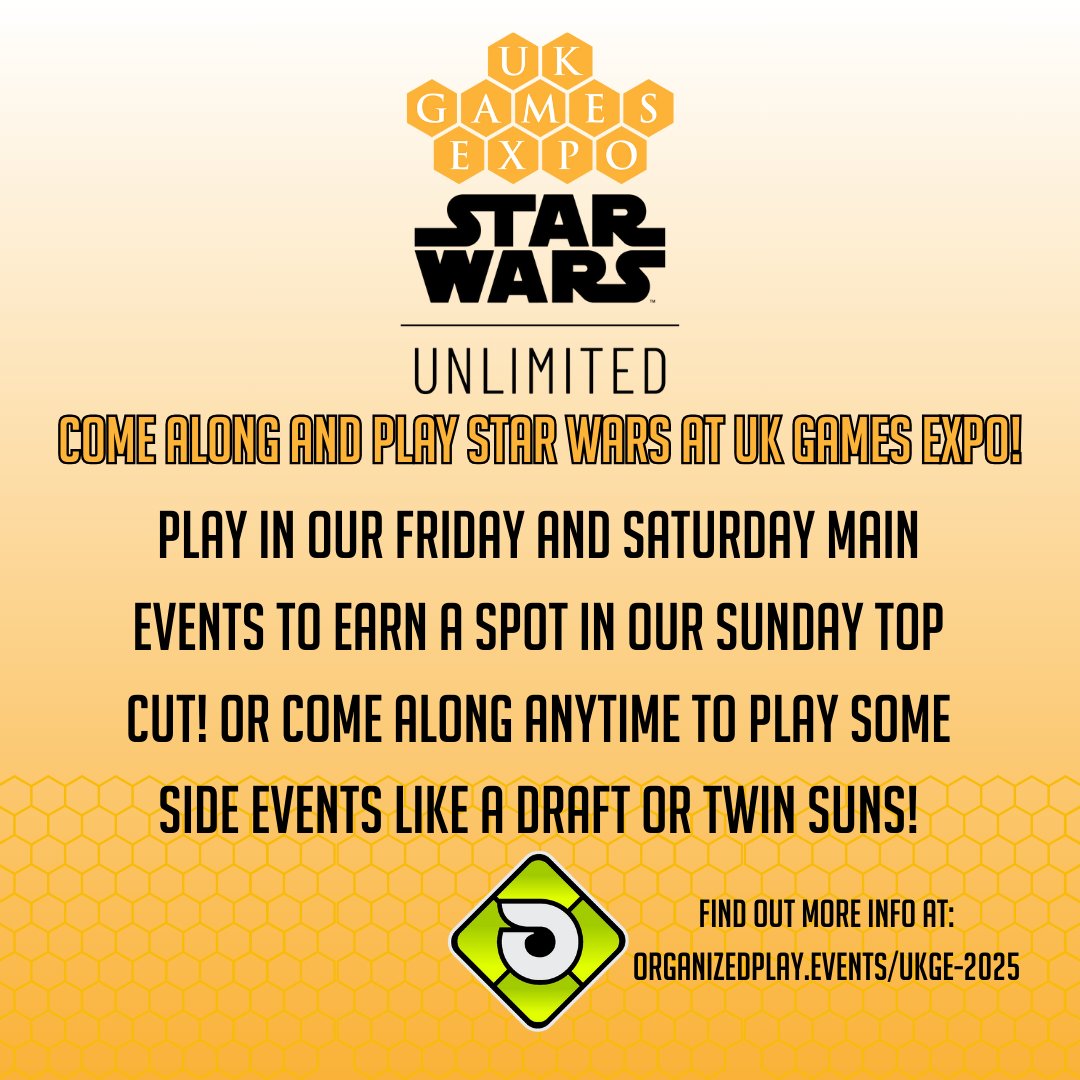 🎉 Just 4 Days to Go Until UK Games Expo! 🎉

Calling all Star Wars: Unlimited players! 🌌
Join us at UK Games Expo for fantastic Constructed Tournaments on Friday and Saturday – battle it out and earn your place in our Top Cut Invite Event on Sunday! 💪
Or dive into Side Events