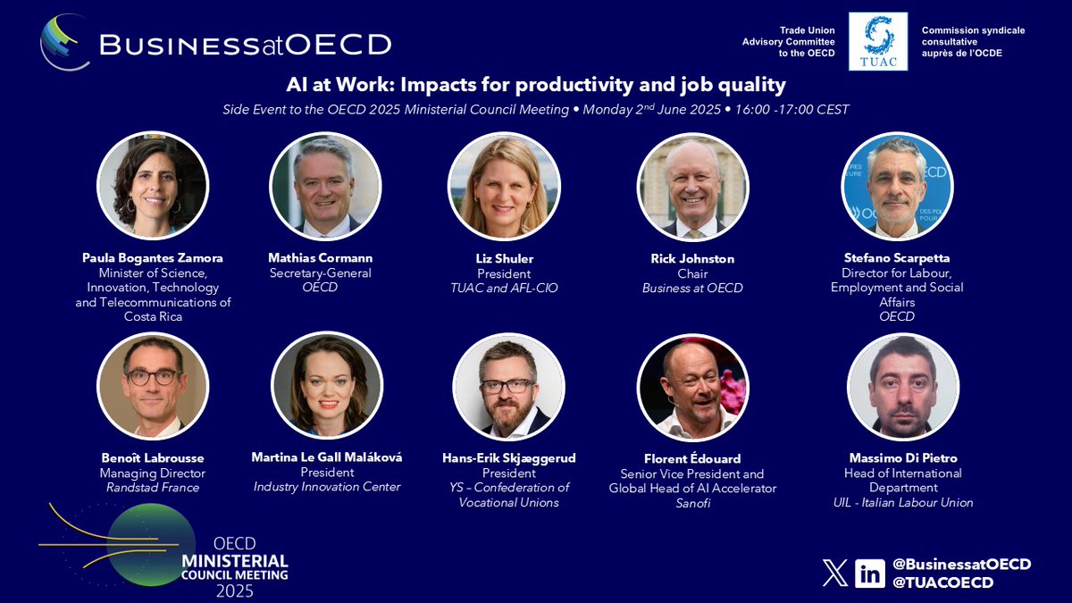 Business at OECD (@businessatoecd) on Twitter photo 📢 We are delighted to hold a side event to the #OECDministerial on "#AI at #Work: Impacts for #Productivity & Job Quality" with our institutional partners <a href="/TUACOECD/">TUAC</a>.
Speakers include <a href="/micittcr/">MICITT</a>'s <a href="/paubogantesz/">Paula Bogantes Zamora</a>, <a href="/OECD/">OECD ➡️ Better Policies for Better Lives</a>'s <a href="/MathiasCormann/">Mathias Cormann</a>, <a href="/AFLCIO/">AFL-CIO ✊</a>'s <a href="/LizShuler/">Liz Shuler</a>, our Chair Rick 📢 We are delighted to hold a side event to the #OECDministerial on "#AI at #Work: Impacts for #Productivity & Job Quality" with our institutional partners <a href="/TUACOECD/">TUAC</a>.
Speakers include <a href="/micittcr/">MICITT</a>'s <a href="/paubogantesz/">Paula Bogantes Zamora</a>, <a href="/OECD/">OECD ➡️ Better Policies for Better Lives</a>'s <a href="/MathiasCormann/">Mathias Cormann</a>, <a href="/AFLCIO/">AFL-CIO ✊</a>'s <a href="/LizShuler/">Liz Shuler</a>, our Chair Rick