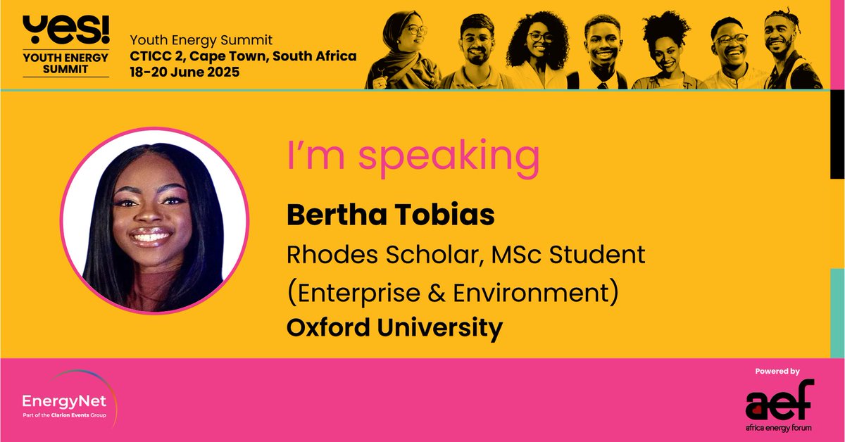 I'm speaking at Africa’s BIGGEST energy summit for youth — #YES25 in Cape Town this June!

Just as I wrap up my Oxford Master's, I’ll be joining bold young leaders to tackle Africa’s energy future and our shared climate responsibility.🌍⚡

If you’ll be in Cape Town, let’s build!