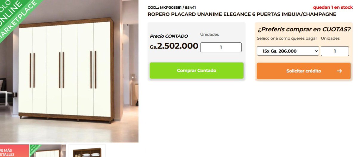 Holaaaa vendo por motivos de mudanza 

Vendo ropero de 6 puertas, tiene 6 meses o menos de uso, ningún detalle.
Largo: 2,18m
Alto: 2,25m
Prof: 0,45m
Precio de 1.700.00 precio incluye el armado dentro de Asuncion
Adjunto precio normal en tupí que es de 2.502.000
Se agradece el rt