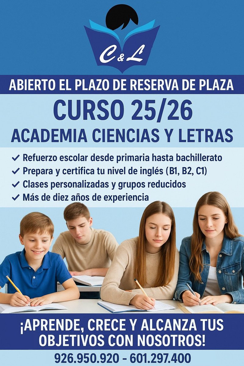 CyLPuertollano's tweet photo. 🎓✨ ¡ABRIMOS PLAZO DE RESERVA! ✨🎓
¿Listo/a para dar un paso más hacia tus metas?
Ya puedes reservar tu plaza para el curso 2025-2026 en Academia Ciencias&amp;Letras 
📚 Clases personalizadas
🏆 Resultados garantizados
🕐 Horarios flexibles
💥 Plazas limitadas

¡No te quedes fuera! https://t.co/bimKVumO4y