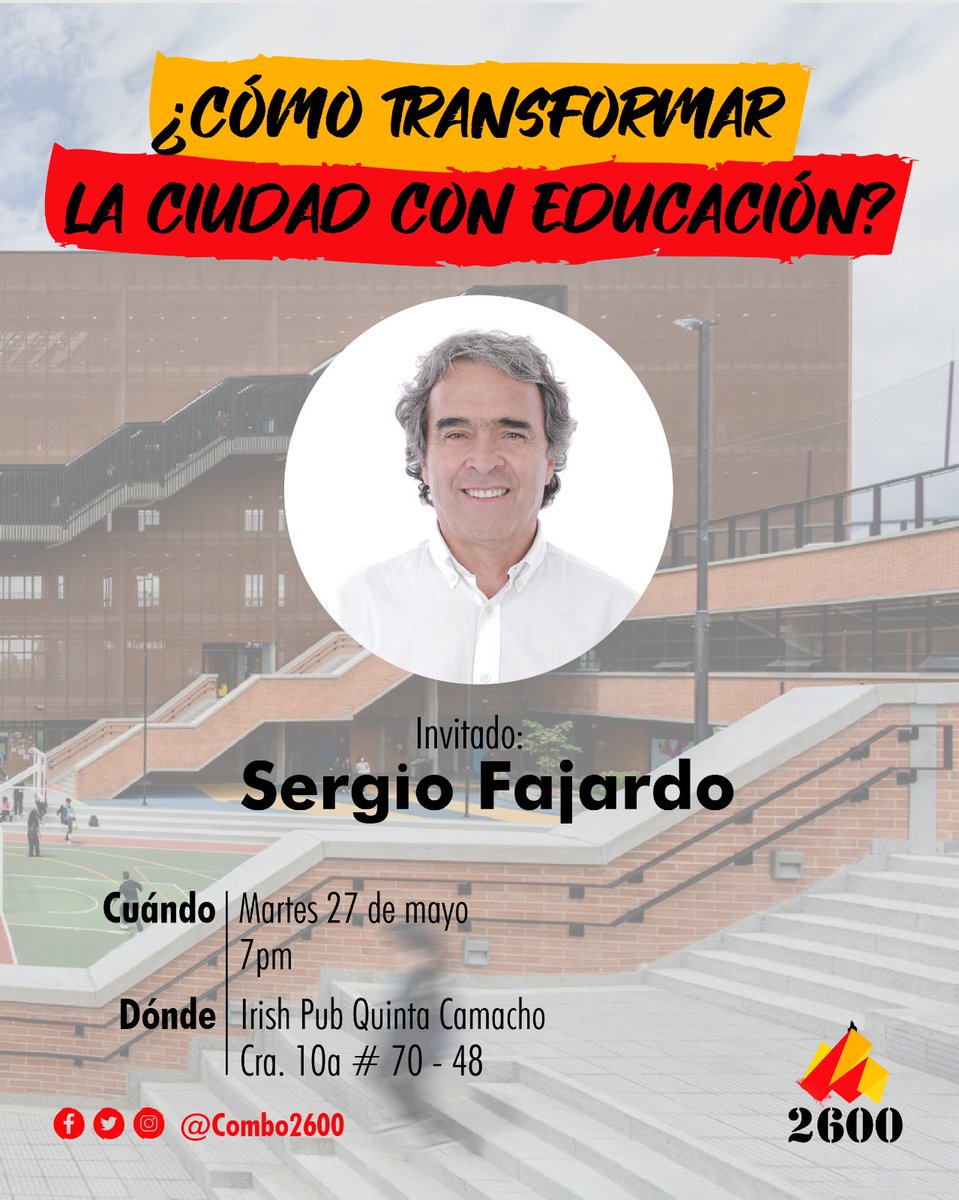 Combo 2600 (@combo2600) on Twitter photo Lo prometido es deuda. Nos vemos mañana con <a href="/sergio_fajardo/">Sergio Fajardo</a> matemático y exalcalde de medellín.
¿Es posible transformar una ciudad desde la educación?
¿Cuál es el papel de las universidades en la construcción de ciudadanía y cultura ciudadana?
¿Que es eso del urbanismo social? Lo prometido es deuda. Nos vemos mañana con <a href="/sergio_fajardo/">Sergio Fajardo</a> matemático y exalcalde de medellín.
¿Es posible transformar una ciudad desde la educación?
¿Cuál es el papel de las universidades en la construcción de ciudadanía y cultura ciudadana?
¿Que es eso del urbanismo social?
