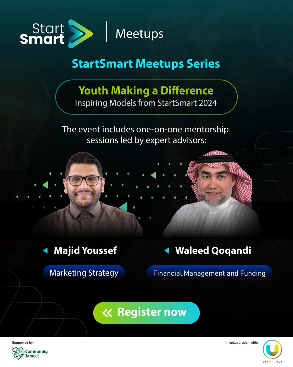 startsmartsaudi's tweet image. The 9th #StartSmart meetup will be accompanied by mentoring sessions with renowned experts and mentors. These sessions will provide professional guidance to entrepreneurs and help them find practical solutions to the challenges they face in their ventures.

Book your mentorship…