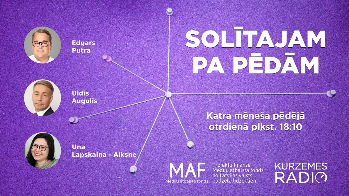 Kurzemes Radio (@kurzemesradiolv) on Twitter photo Otrdien, 27. maijā, plkst. 18:10 „Solītajam pa pēdām” raidījuma viesi:
▪️Edgars Putra - <a href="/Apvienotais_/">APVIENOTAIS SARAKSTS</a>;
▪️Uldis Augulis - <a href="/ZZS_/">Zaļo un Zemnieku savienība</a>;
▪️Una Lapskalna-Alksne - Latvijas sociālo darbinieku biedrības valdes priekšsēdētāja.
Raidījuma tēma: Labklājība.
#SIF_MAF2025 Otrdien, 27. maijā, plkst. 18:10 „Solītajam pa pēdām” raidījuma viesi:
▪️Edgars Putra - <a href="/Apvienotais_/">APVIENOTAIS SARAKSTS</a>;
▪️Uldis Augulis - <a href="/ZZS_/">Zaļo un Zemnieku savienība</a>;
▪️Una Lapskalna-Alksne - Latvijas sociālo darbinieku biedrības valdes priekšsēdētāja.
Raidījuma tēma: Labklājība.
#SIF_MAF2025