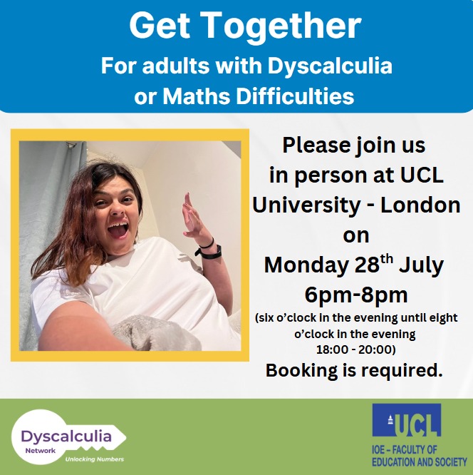 DyscalculiaNet1's tweet image. We are so excited to share our first in person get together for adults with #dyscalculia or #mathsdifficulties at UCL London!
We hope you can join us 😀
bit.ly/3ZunMsn