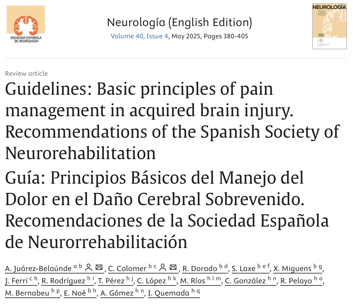 Nos gustaría compartir con ustedes la reciente publicación de la edición en inglés de nuestra Guía SENR 3 sobre principios básicos del manejo del dolor en pacientes con daño cerebral sobrevenido.

Pueden acceder al texto completo en: doi.org/10.1016/j.nrle…
