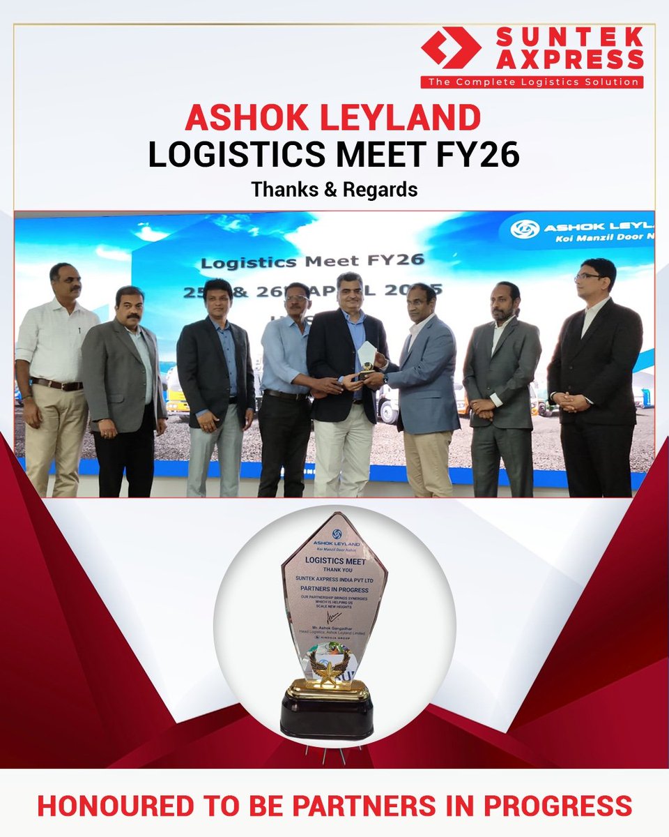 Suntek_Axpress's tweet image. Proud to contribute to a vision that moves industries forward.🏆

💐Here's to collaboration, innovation, and a successful Logistics Meet FY26 by Ashok Leyland! 

#suntekaxpress #logisticsmeet #indianlogistics