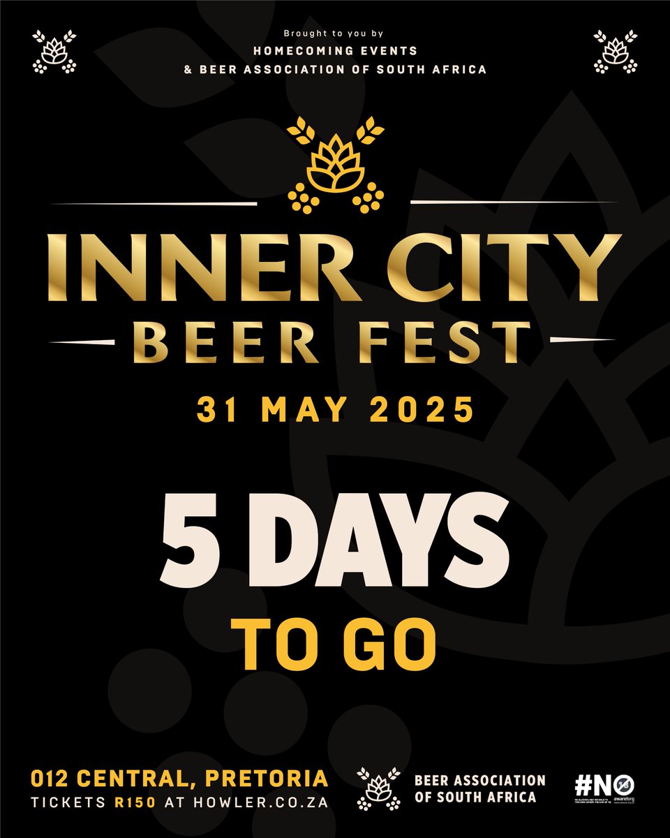 5 more sleeps until the city turns gold for the #InnerCityBeerFest 🍺

Don’t get left behind, tickets are moving at howler.co.za/InnerCityBeerF…
