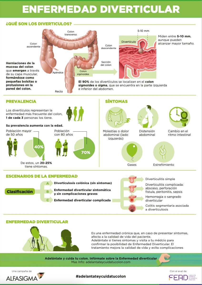 Hasta el 40% de la población mayor de 50 años tiene divertículos en el colon y un 20% de estos presenta síntomas  

Infografía muy útil para toda la población sobre la Enfermedad Diverticular.