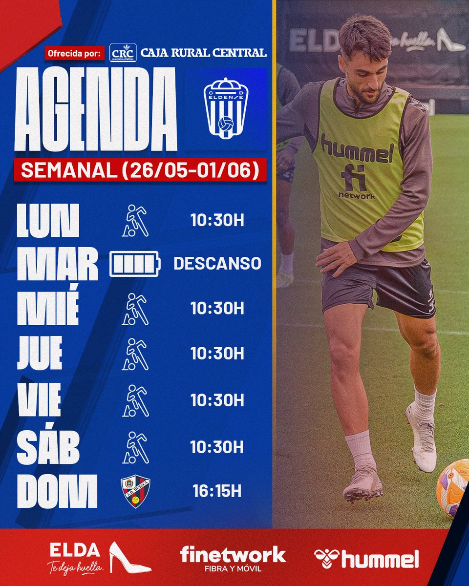 📆⚽️ Plan de trabajo (26/05-01/06), ofrecido por Caja Rural Central:

🏋🏻‍♂️ Lunes (10:30h)

🛌 Martes (Descanso)

🏋🏻‍♂️ Miércoles (10:30h)

🏋🏻‍♂️ Jueves (10:30h)

🏋🏻‍♂️ Viernes (10:30h)

🏋🏻‍♂️ Sábado (10:30h)

🏟️ Domingo 🆚 <a href="/SDHuesca/">SD Huesca</a> (16:15h)

🔗 cdeldense.es/noticias/plan-…

#ElijoSoñar ✨