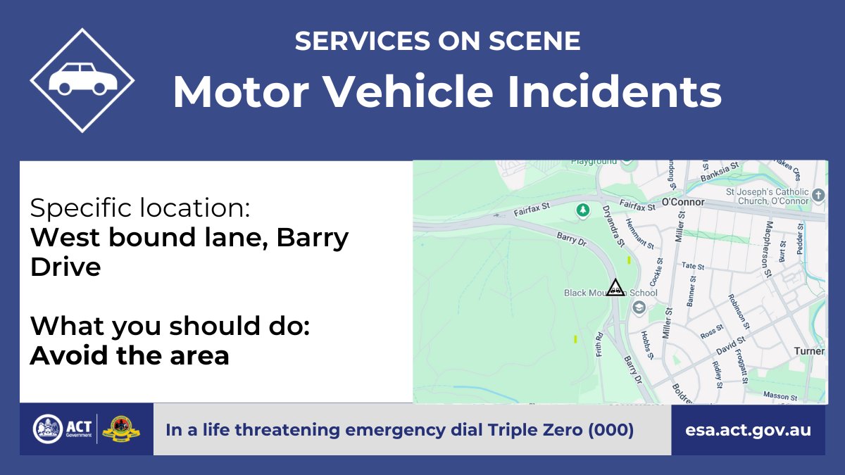 Motor Vehicle Incident - Barry Drive, Acton

A motor vehicle incident has occurred on Barry Drive in Acton. 

One west bound lane is closed, causing significant traffic delays.

The community is asked to avoid the area, and use an alternative
