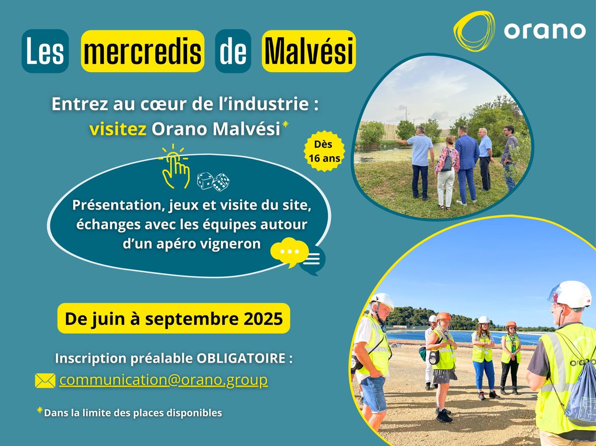 📢 Envie de découvrir les coulisses de Malvési ? Les #MercredisDeMalvési sont de retour chez #OranoMalvési à Narbonne !
📅 Tous les mercredis à 18h, de juin à septembre 👷‍♂️ Présentation du site, visite, échanges conviviaux 📩 Inscription : communication@orano.group