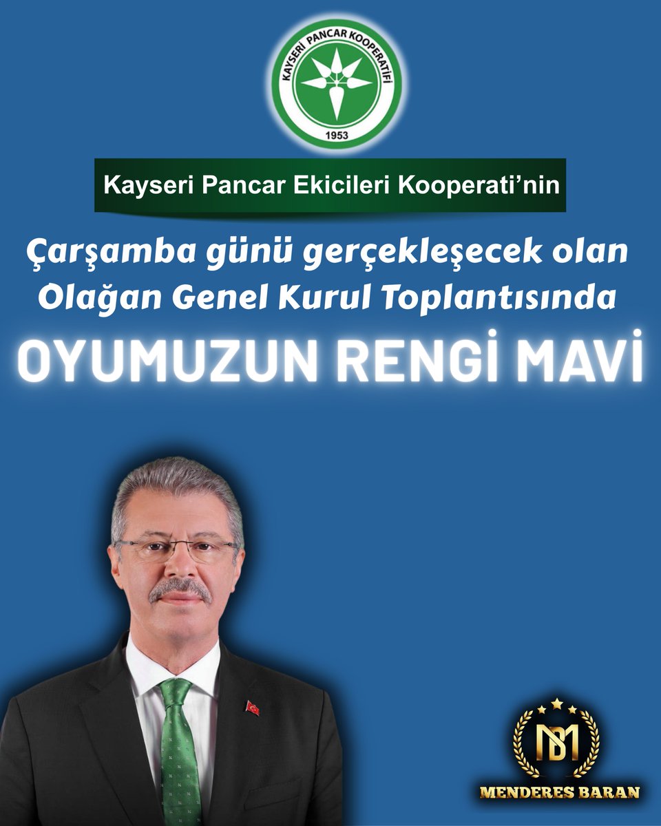 Kayseri Pancar Ekicileri Kooperati’nin
Çarşamba günü gerçekleşecek olan Olağan Genel Kurul Toplantısında 𝗢𝘆𝘂𝗺𝘂𝘇𝘂𝗻 𝗥𝗲𝗻𝗴𝗶 𝗠𝗮𝘃𝗶.

#KayseriŞeker #GenelKurul

<a href="/kayseri_seker/">Kayseri Şeker</a> <a href="/h_akay38/">Hüseyin AKAY</a>