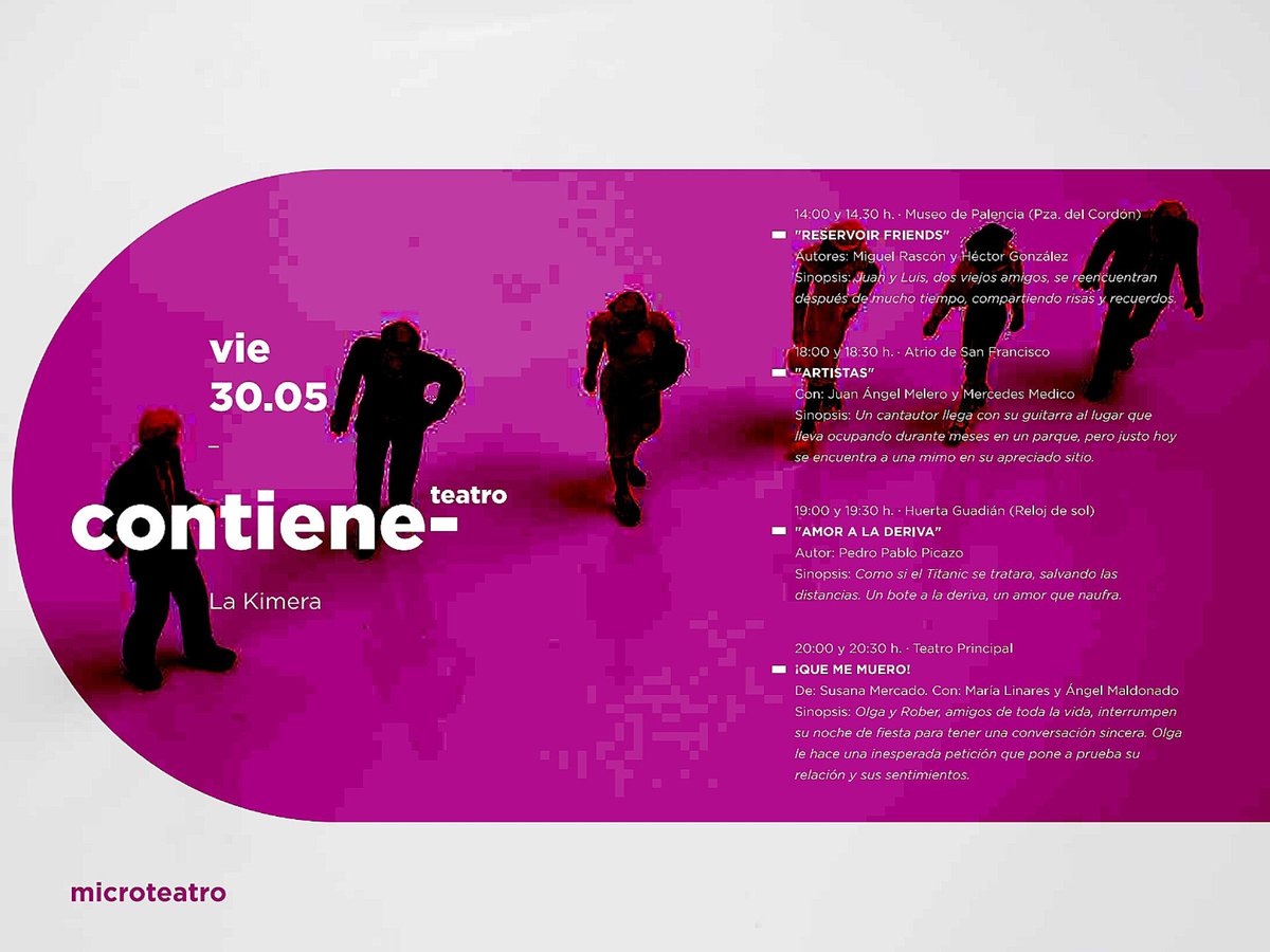 🎭El Festival de Microteatro Contiene-teatro, a cargo de <a href="/LaKimeraTeatro/">La Kimera Teatro</a>, vuelve un año más a la capital palentina este viernes 30 de mayo y lo hace en el marco de la Feria Chica con cuatro obras que tendrán lugar en cuatro lugares diferentes de la ciudad.
Aforo: 20 personas 👥