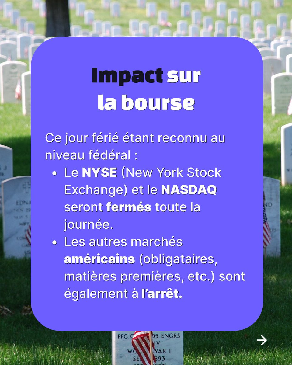 Skade_io's tweet photo. Le 26 mai 2025, les principales bourses américaines seront fermées en raison du Memorial Day, un jour férié national aux États-Unis.

👉 Swip pour plus détails !

#bourse #Investissement https://t.co/GC2d2aavCt