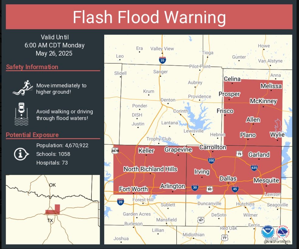 🚨 Flash Flood Warning: Fort Worth 🚨
The National Weather Service has issued a Flash Flood Warning in effect until 6:00 AM.
🌧️ Heavy rain is making roads dangerous — Turn Around, Don’t Drown!
⚠️ Avoid low-lying areas, stay off flooded roads, and keep alerts on.
📲 Stay safe.