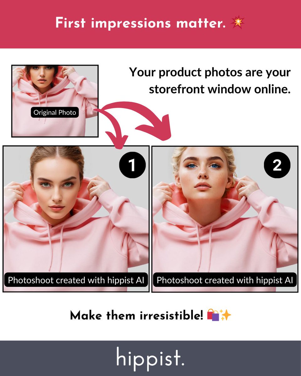 hippistAI's tweet image. First impressions matter. 💥
Your product photos are your storefront window online.
Make them irresistible! 🛍️✨

#EcommerceTips #FirstImpressionWins
