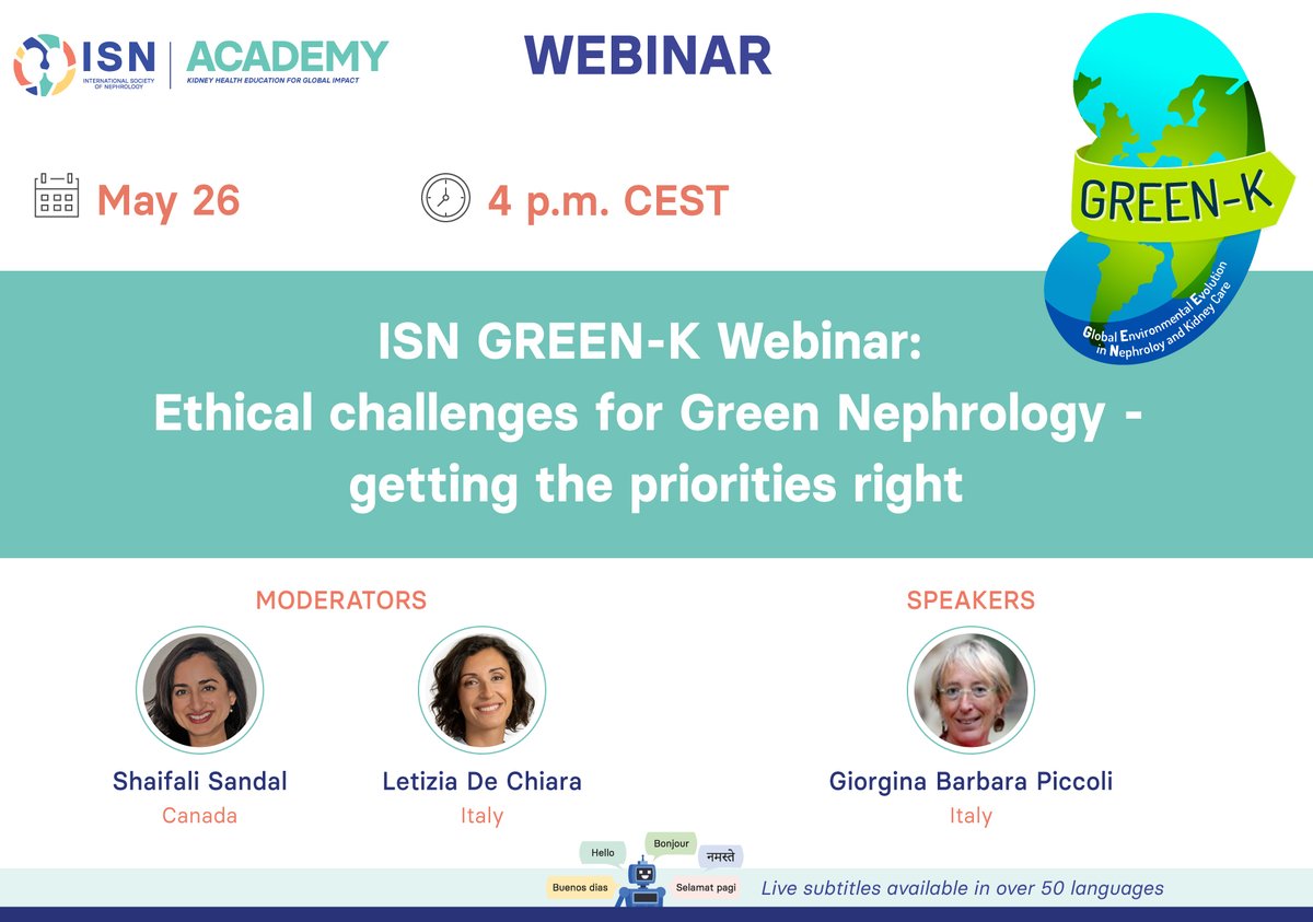 Int Society of Nephrology (@isnkidneycare) on Twitter photo 𝗧𝗢𝗗𝗔𝗬: ISN GREEN-K Webinar: "Ethical Challenges for Green nephrology-Getting Priorities Right."
🗣️ <a href="/gb_piccoli/">Giorgina Piccoli</a>
👥 <a href="/ShaifaliSandal/">Shaifali</a>, <a href="/letiziadechiara/">LetiziaDeChiara</a>
🗓️ May 26
🕑 4:00 pm CEST
🔗 Free registration: lite.spr.ly/6002HTcI 𝗧𝗢𝗗𝗔𝗬: ISN GREEN-K Webinar: "Ethical Challenges for Green nephrology-Getting Priorities Right."
🗣️ <a href="/gb_piccoli/">Giorgina Piccoli</a>
👥 <a href="/ShaifaliSandal/">Shaifali</a>, <a href="/letiziadechiara/">LetiziaDeChiara</a>
🗓️ May 26
🕑 4:00 pm CEST
🔗 Free registration: lite.spr.ly/6002HTcI