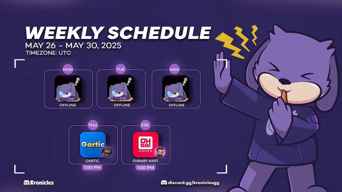 Live on Kronicles this week:

Thursday: Gartic - by <a href="/Gcrod_/">Gcrod</a>
Friday: <a href="/ohbabykart/">Oh Baby Kart</a> - by <a href="/fsgabskrn/">Gabs</a>

Join us on discord!