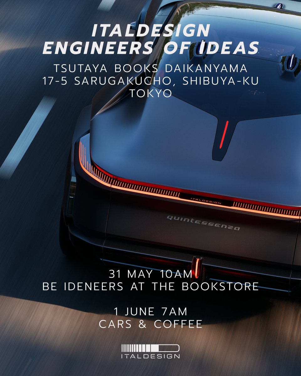 Italdesign (@italdesign) on Twitter photo On May 31 and June 1, Italdesign presents the book "Italdesign - Engineers of Ideas." at <a href="/DAIKANYAMATSITE/">代官山 蔦屋書店/代官山 T-SITE</a> in Tokyo.
A special two-day event to celebrate our story.
#Italdesign #BEIDENEERS On May 31 and June 1, Italdesign presents the book "Italdesign - Engineers of Ideas." at <a href="/DAIKANYAMATSITE/">代官山 蔦屋書店/代官山 T-SITE</a> in Tokyo.
A special two-day event to celebrate our story.
#Italdesign #BEIDENEERS