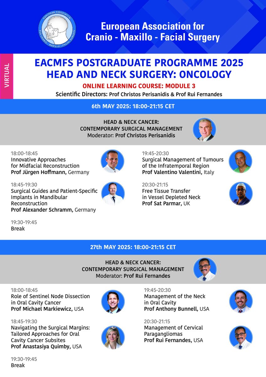 eacmfs_org (@eacmfs_org) on Twitter photo Session 2 of Module 3 of the 2025 Postgraduate Programme in Head and Neck Surgery: Oncology will be held on 27th May. We look forward to welcoming our delegates for engaging and insightful sessions.
For details on upcoming programmes, please contact: lzaleczna@eacmfs.org. Session 2 of Module 3 of the 2025 Postgraduate Programme in Head and Neck Surgery: Oncology will be held on 27th May. We look forward to welcoming our delegates for engaging and insightful sessions.
For details on upcoming programmes, please contact: lzaleczna@eacmfs.org.