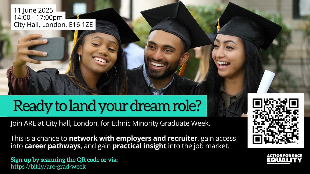 Ready to take your next step as a #graduate? 🎓 

Join us at City Hall, London and meet employers, get advice, and connect with other graduates at our FREE networking event for Black, Asian &amp; mixed-heritage young people. 

📅Wed 11 June, 2–5pm 

🎟️Tickets: tinyurl.com/4k7uv526